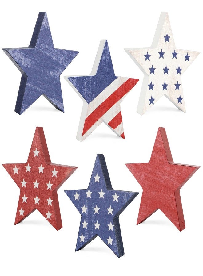 COCHIE 4th of July Decorations Wooden Star Set of 6, Labor Day Decor, Patriotic Memorial Day Tiered Tray Decor, Red White and Blue Veterans Day Decorations for Home Office Table Shelf (Vintage) - Image 1